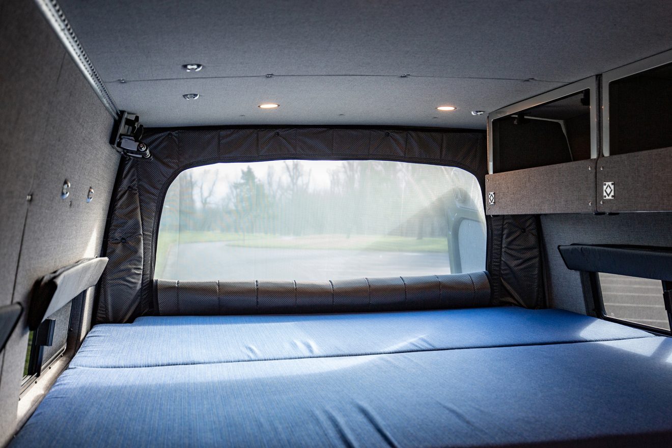 custom van conversion Hermes 2019 mercedes benz sprinter 170 Dually 4wd raised three panel bed back doo bug screen