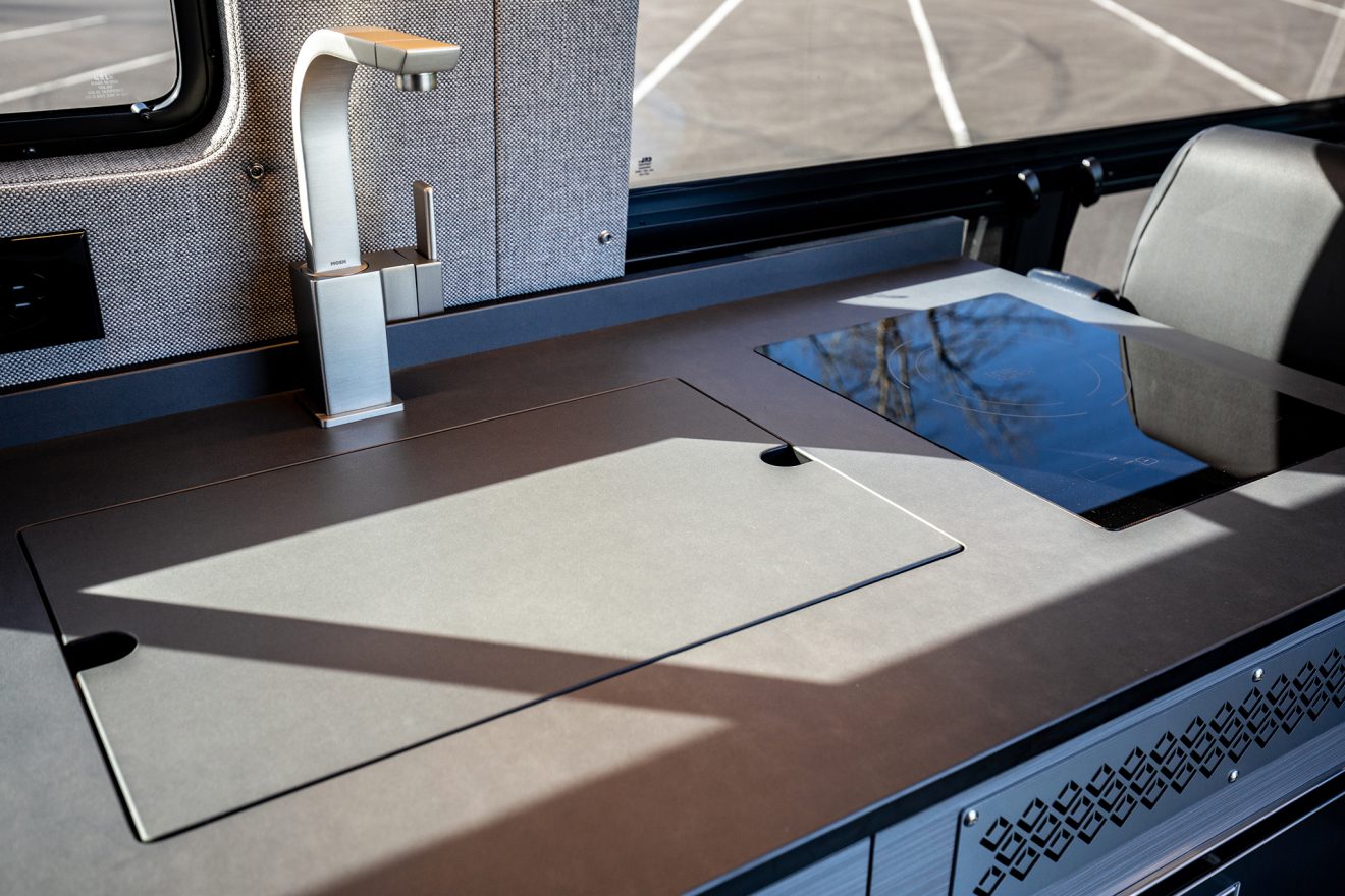 custom van conversion Hermes 2019 mercedes benz sprinter 170 Dually 4wd galley kitchen flush mount sink