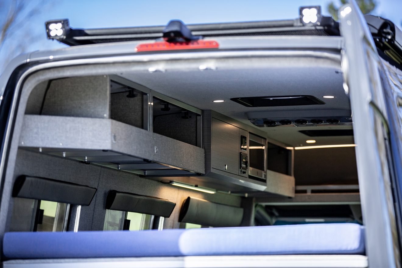 custom van conversion Hermes 2019 mercedes benz sprinter 170 Dually 4wd rear garage raised bed platform