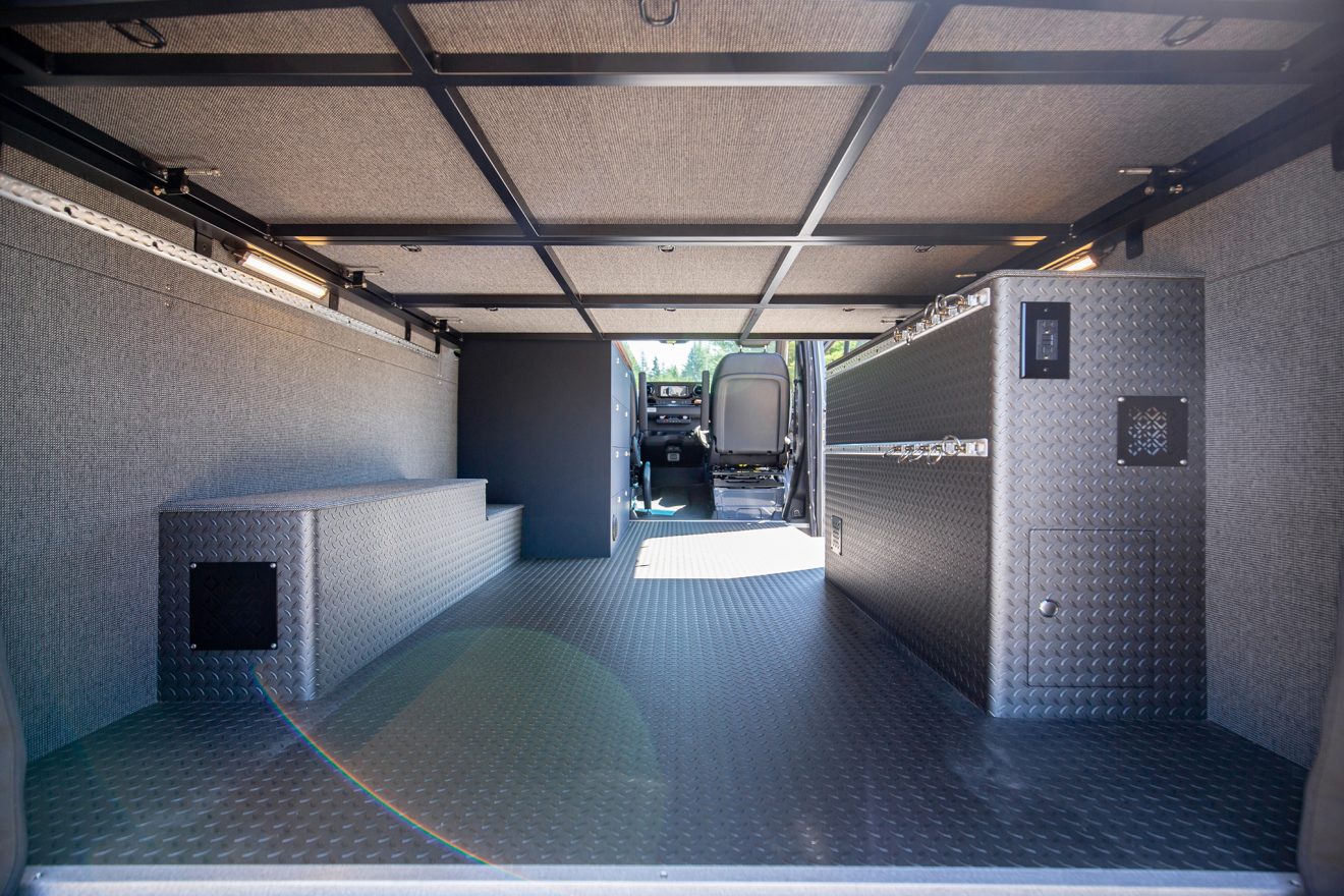 Detail image of garage area inside custom off road 144 sprinter van
