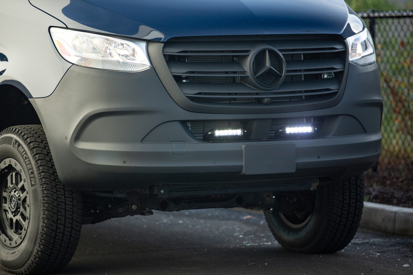 Detail exterior rigid lights on custom off road sprinter van